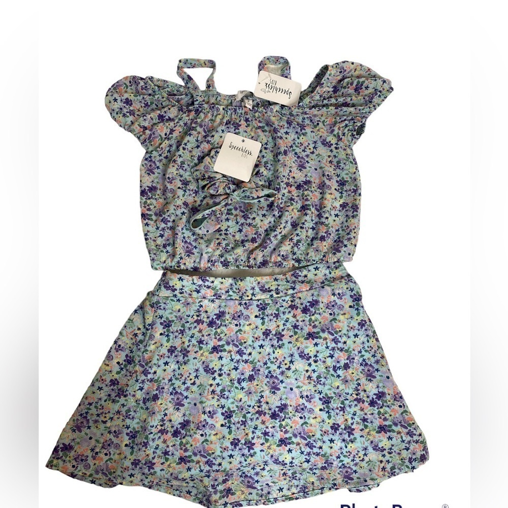 Girls Blue Floral two piece top and skirt size 8
